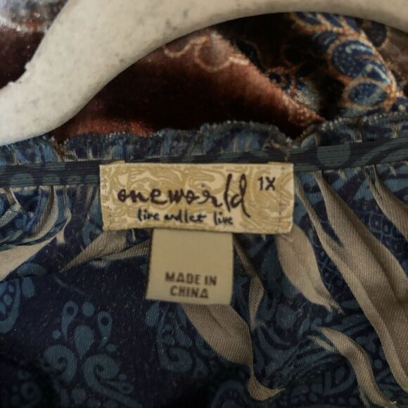 One World Live and Let Live Top Womens 1X Multicolor Boho Print Stretch Blouse - Picture 8 of 10